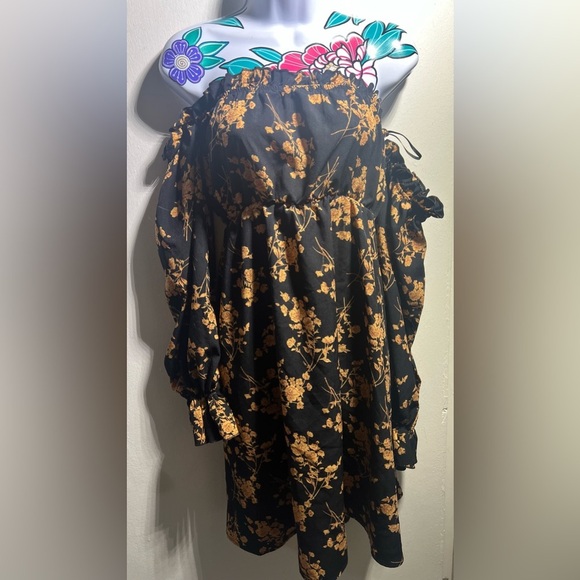 Shein Cold Shoulder Black Gold Floral Dress - Picture 1 of 5